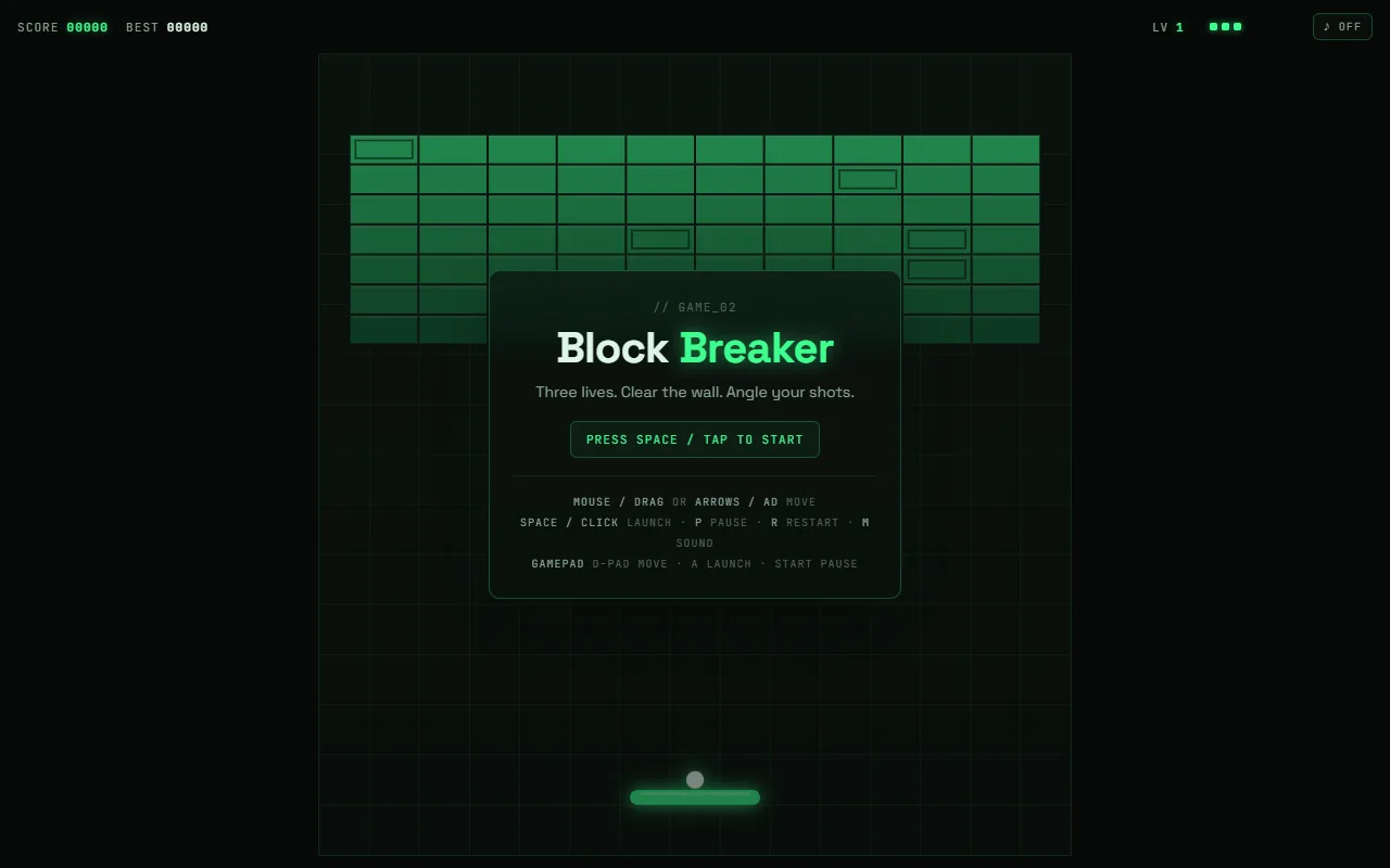 Block Breaker title screen above a wall of green bricks