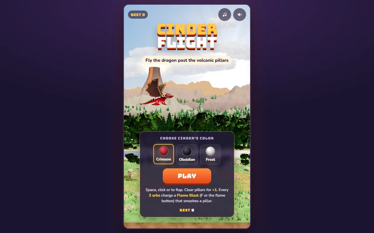 Pantalla de título de Cinder Flight: el dragón sobre un valle volcánico, con el selector de color y el botón Play