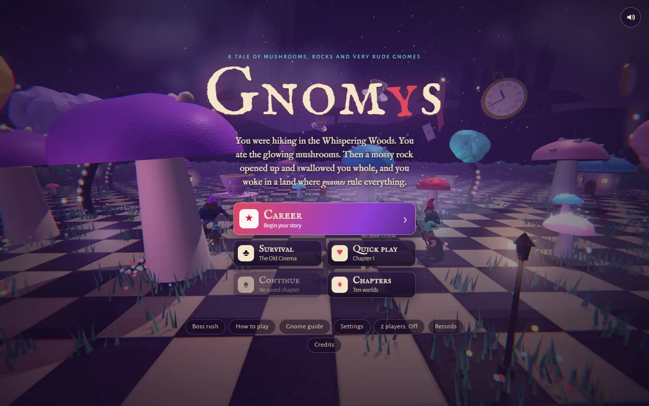 Gnomys title screen: the storybook title over a checkerboard lawn of giant mushrooms, with Career, Survival, Quick play and Chapters