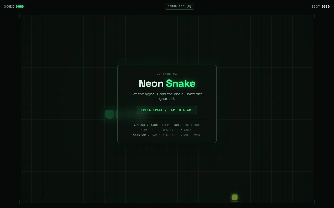 Neon Snake title screen with the controls listed under the start prompt