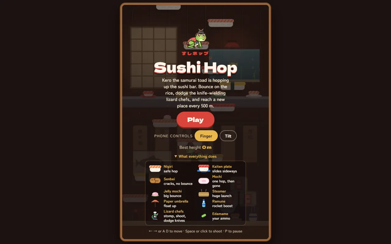 Pantalla de inicio de Sushi Hop: Kero, el sapo samurái, sobre el título y el botón Play, con la guía de plataformas, power-ups y chefs lagarto