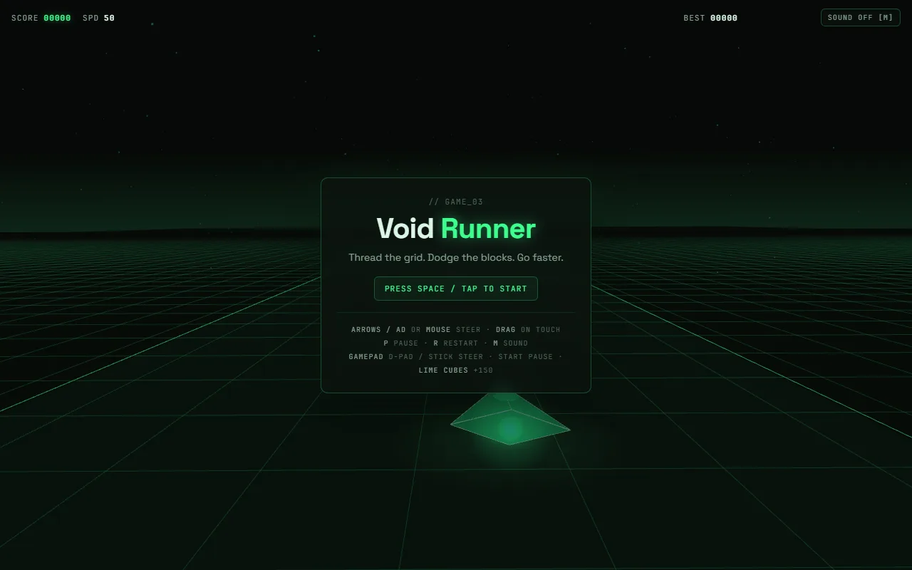 Void Runner title screen over the neon grid and horizon glow