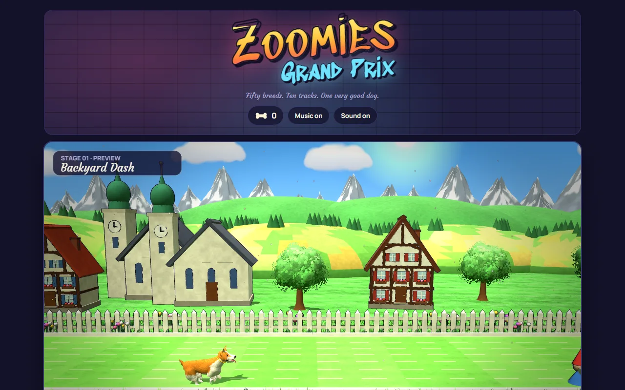 Pantalla de inicio de Zoomies Grand Prix: el logo sobre un corgi que trota por la vista previa de Backyard Dash, con el contador de huesos y los botones de música y sonido